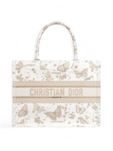 Christian Dior Book Tote Gold Tone and White Butterfly Zodiac Embroidery