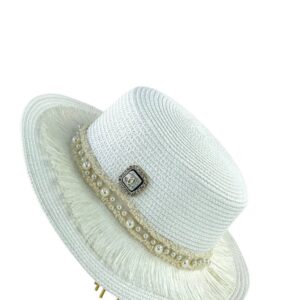 Chanel | white straw sun hat with a pearl and fringe band featuring a Chanel logo