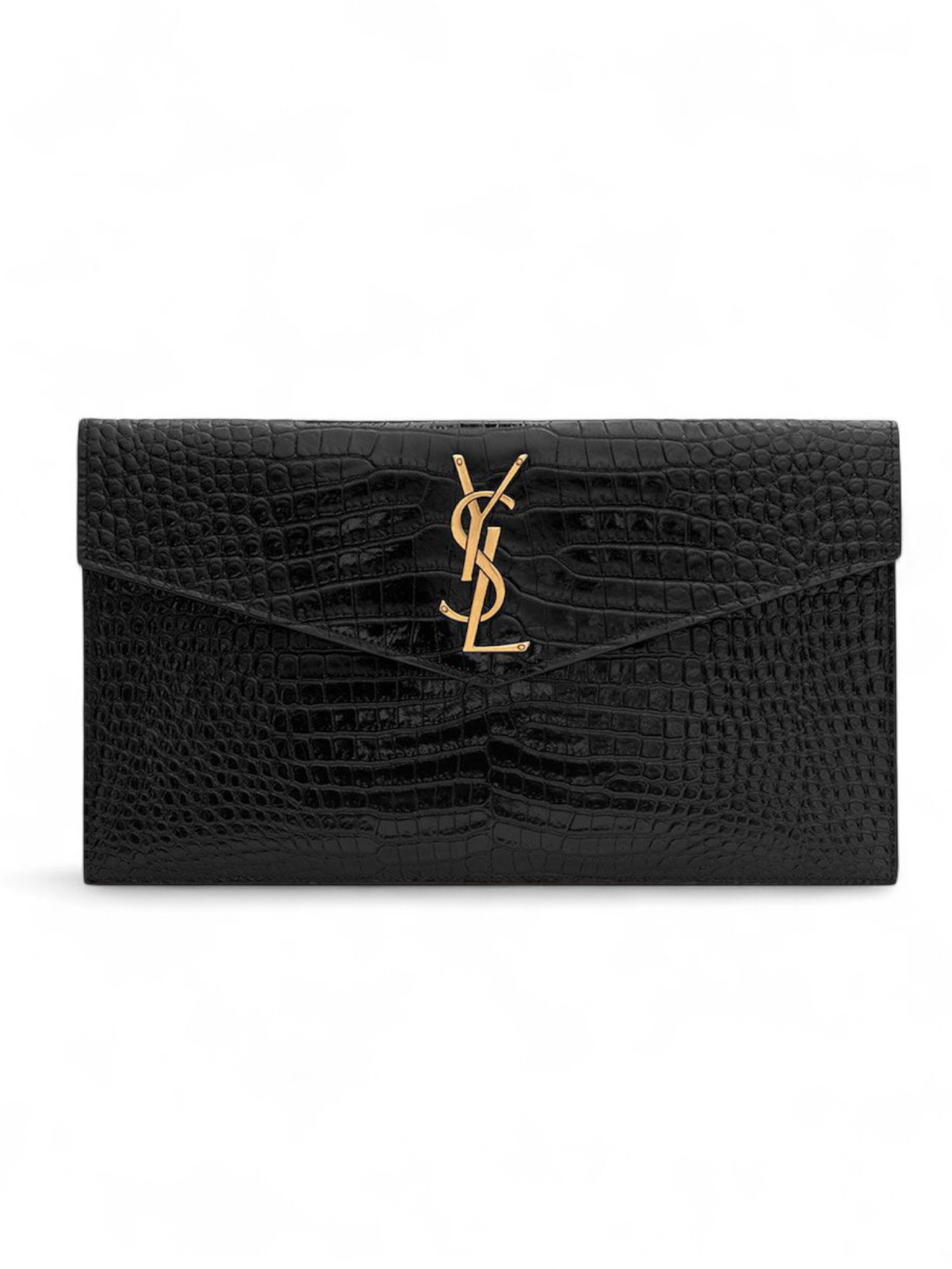 SAINT LAURENT CROC EMBOSSED LEATHER ClUTCH POUCH