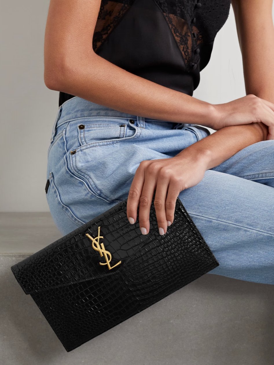 SAINT LAURENT CROC EMBOSSED LEATHER ClUTCH POUCH - Image 7