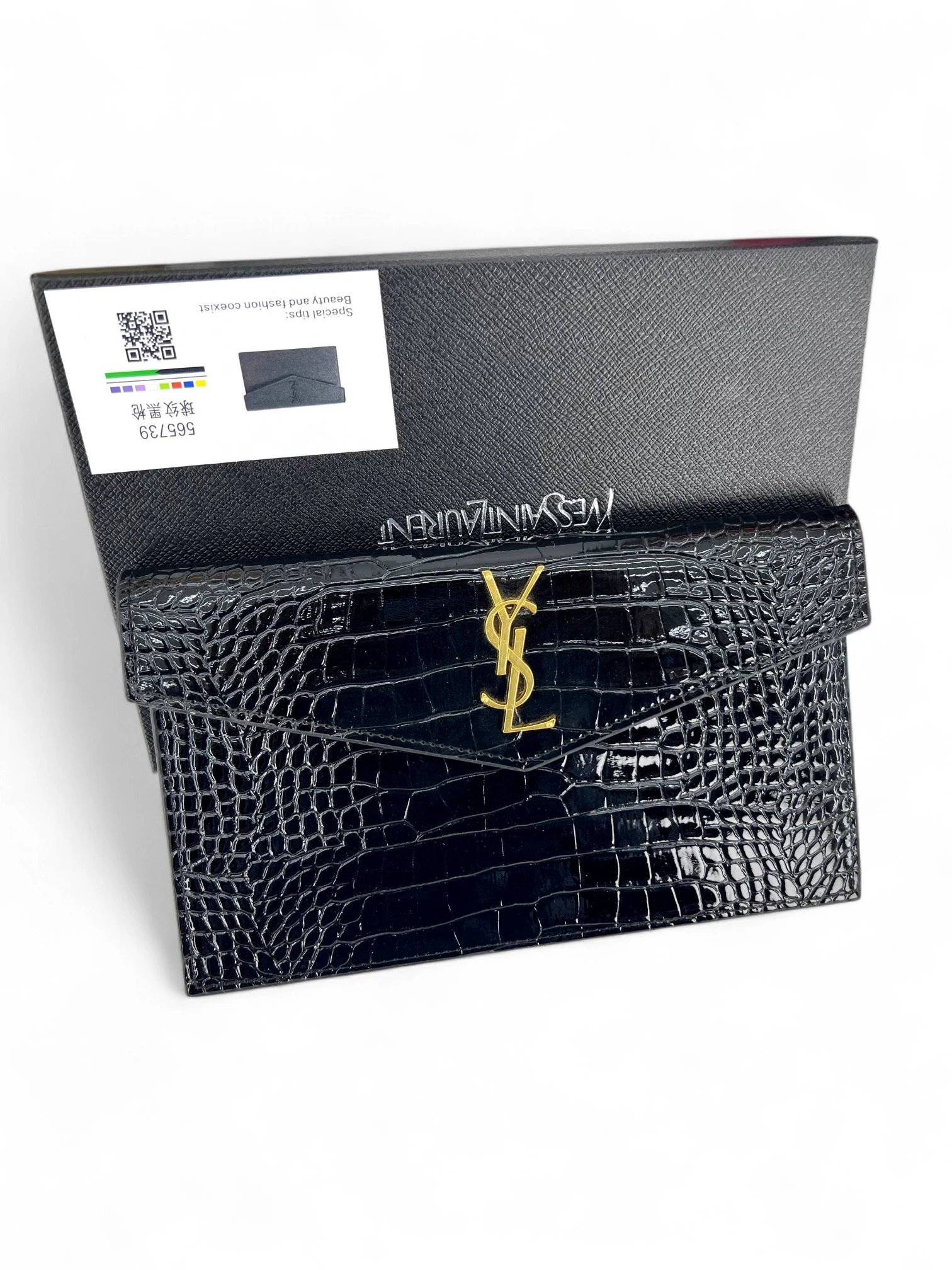 SAINT LAURENT CROC EMBOSSED LEATHER ClUTCH POUCH - Image 8
