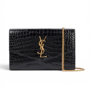 Saint Laurent Black Croc Embossed Leather Uptown Wallet on Chain